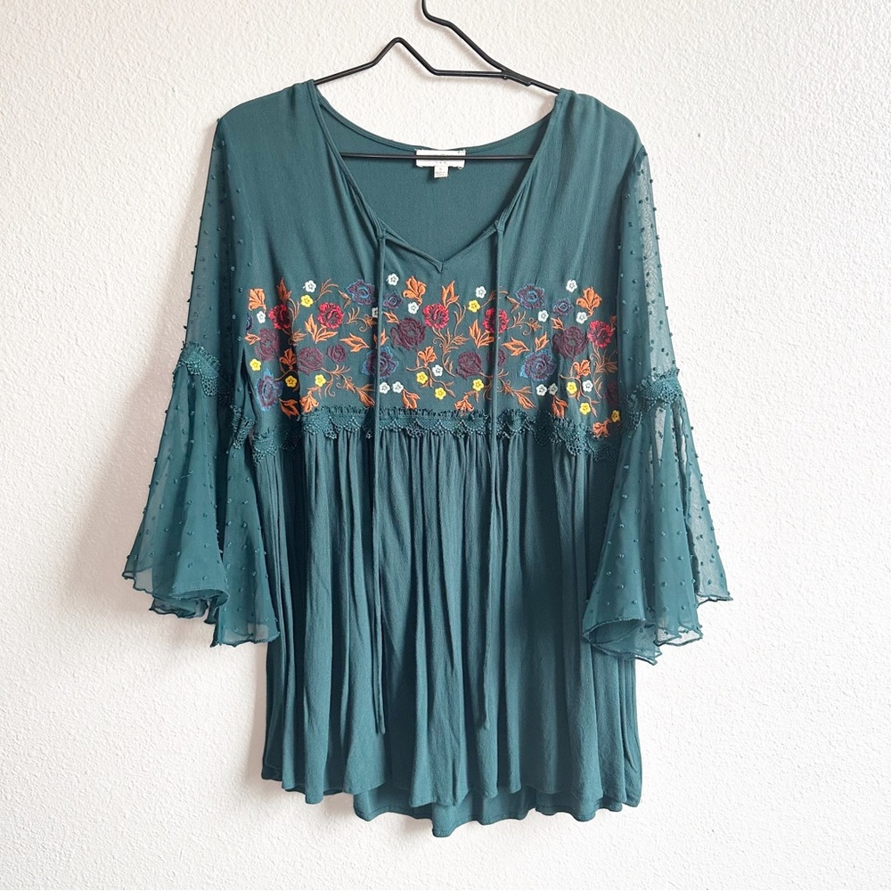 Umgee Floral Embroidered Green Sheer Sleeve Tunic/Dress Size Small